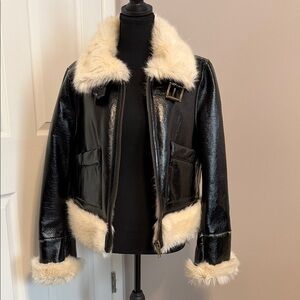 Michael Kors Women's Black and Cream Faux Fur Jacket